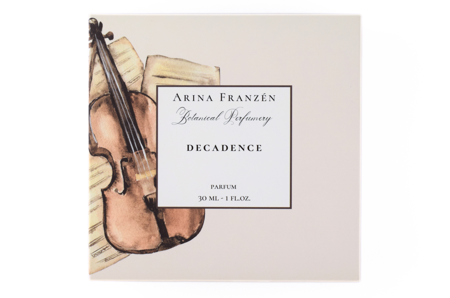 Decadence 30ml parfum bottle by Arina Franzén with dark gourmand and creamy warm scent notes