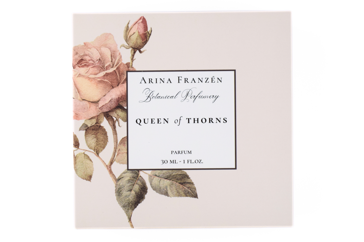 Queen of Thorns natural botanical parfum 30ml bottle by Arina Franzén with dark floral rose scent