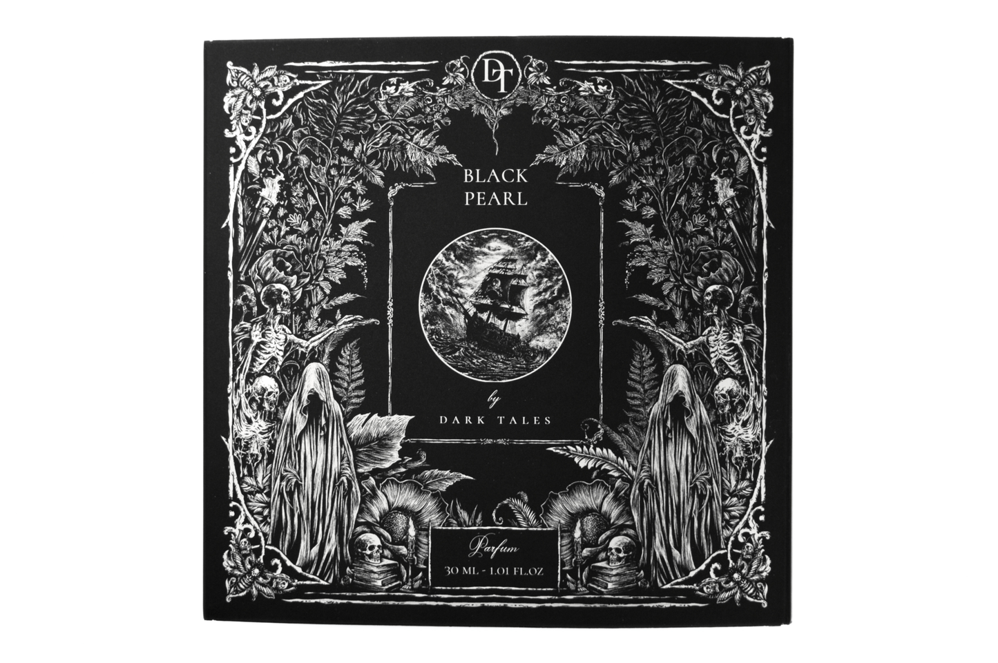 Black Pearl parfum 30ml bottle with unique resin marble cap and scent inspired by pirate life and marine notes