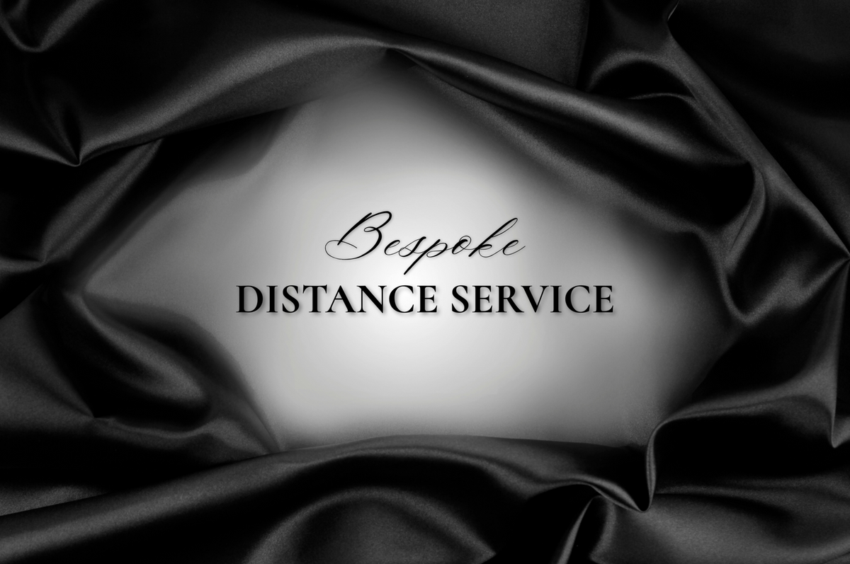 Bespoke Perfume distance service text in elegant black script and serif lettering on black satin fabric