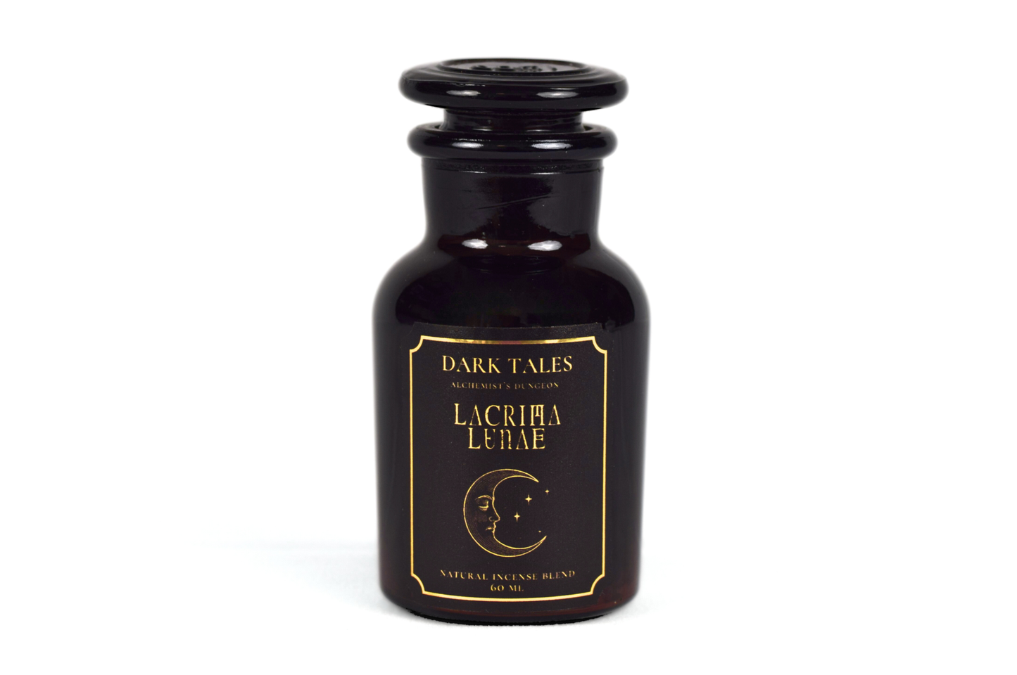 LACRIMA LUNAE 60ml incense blend in antique apothecary bottle with natural resins and balsamic veil