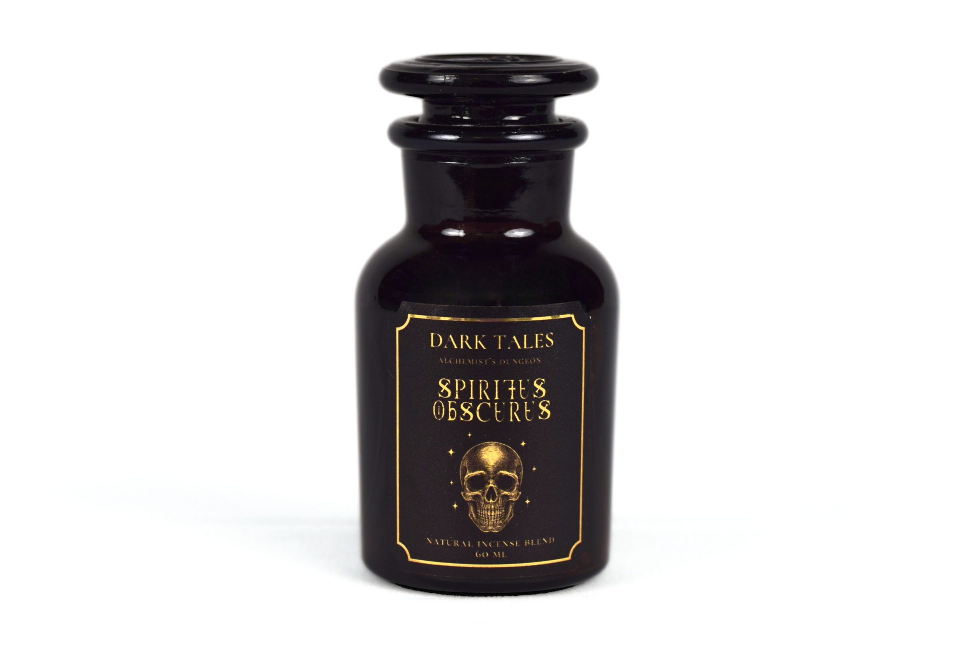 Spiritus Obscurus 60 ml incense blend in antique apothecary bottle with dark, resinous, spiced aroma for ritual and meditation