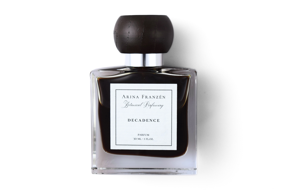 Decadence natural unisex parfum 30ml bottle with dark gourmand notes of coffee, bergamot, sandalwood, and aged vanilla