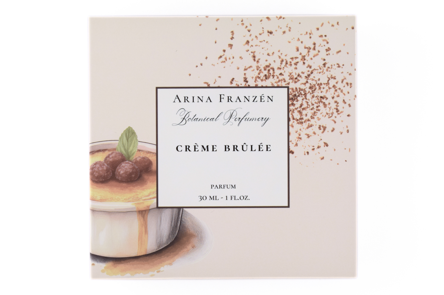 CRÈME BRÛLÉE perfume 30ml bottle by Arina Franzén with sweet gourmand notes of caramel, vanilla, and sandalwood