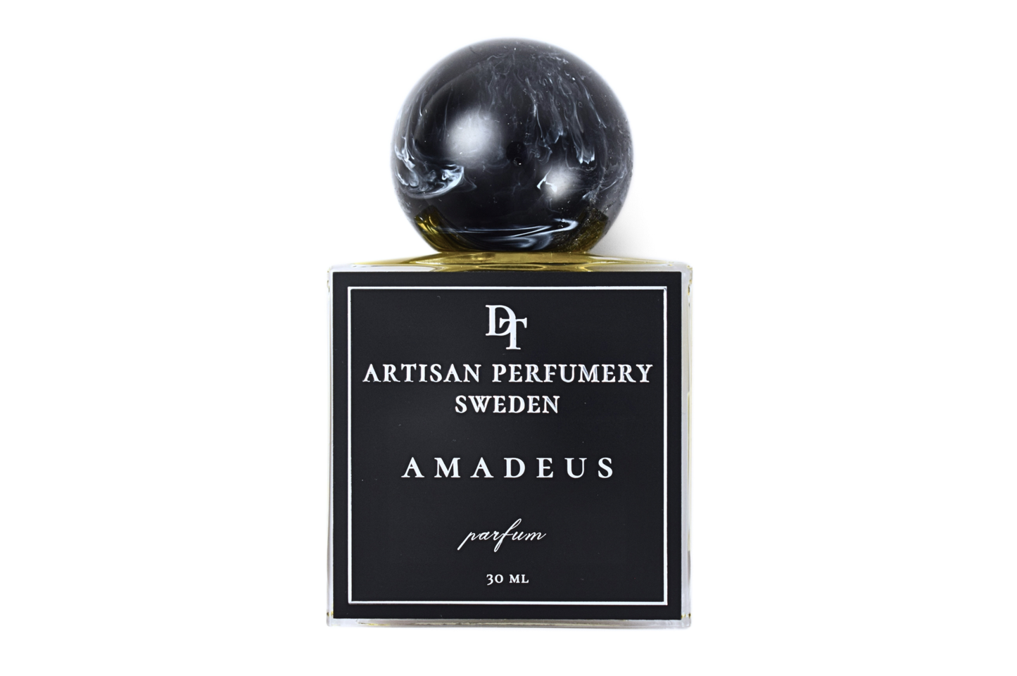 Amadeus perfume 30ml bottle with unique resin cap and powdery musk fragrance notes
