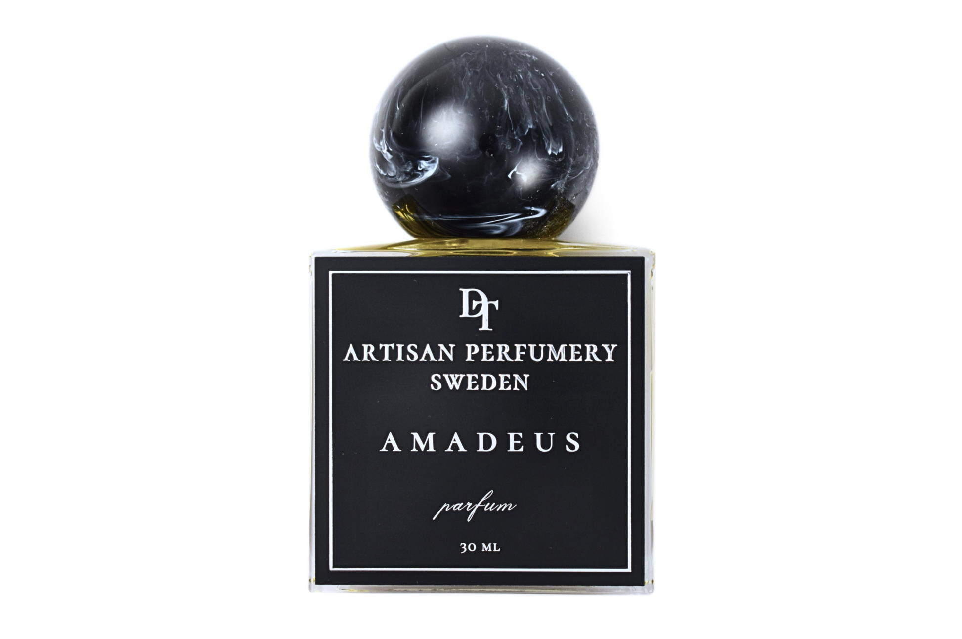Amadeus perfume 30ml bottle with unique resin cap and powdery musk fragrance notes