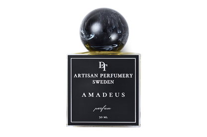 Amadeus perfume 30ml bottle with unique resin cap and powdery musk fragrance notes