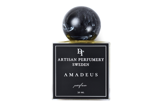 Amadeus perfume 30ml bottle with unique resin cap and powdery musk fragrance notes