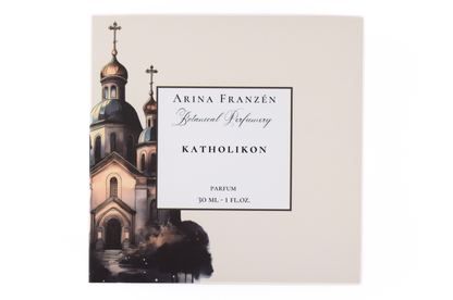 KATHOLIKON luxury natural perfume 30ml bottle with fresh incense scent and botanical notes of myrrh and oakwood