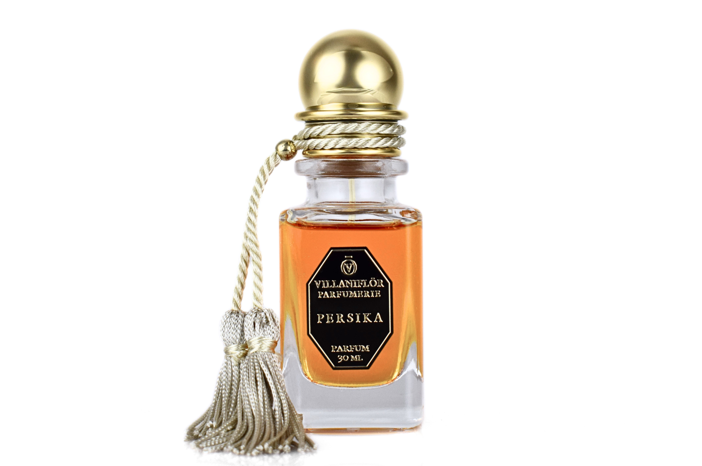 Persika parfum 30ml bottle with peach, floral, and amber fragrance notes in elegant packaging