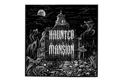 Haunted Mansion perfume label featuring a black and white haunted castle illustration with ghosts, moon, and skulls