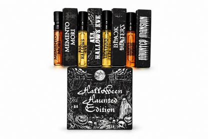 HALLOWEEN HAUNTED EDITION parfum sample set with four amber vials and black illustrated boxes