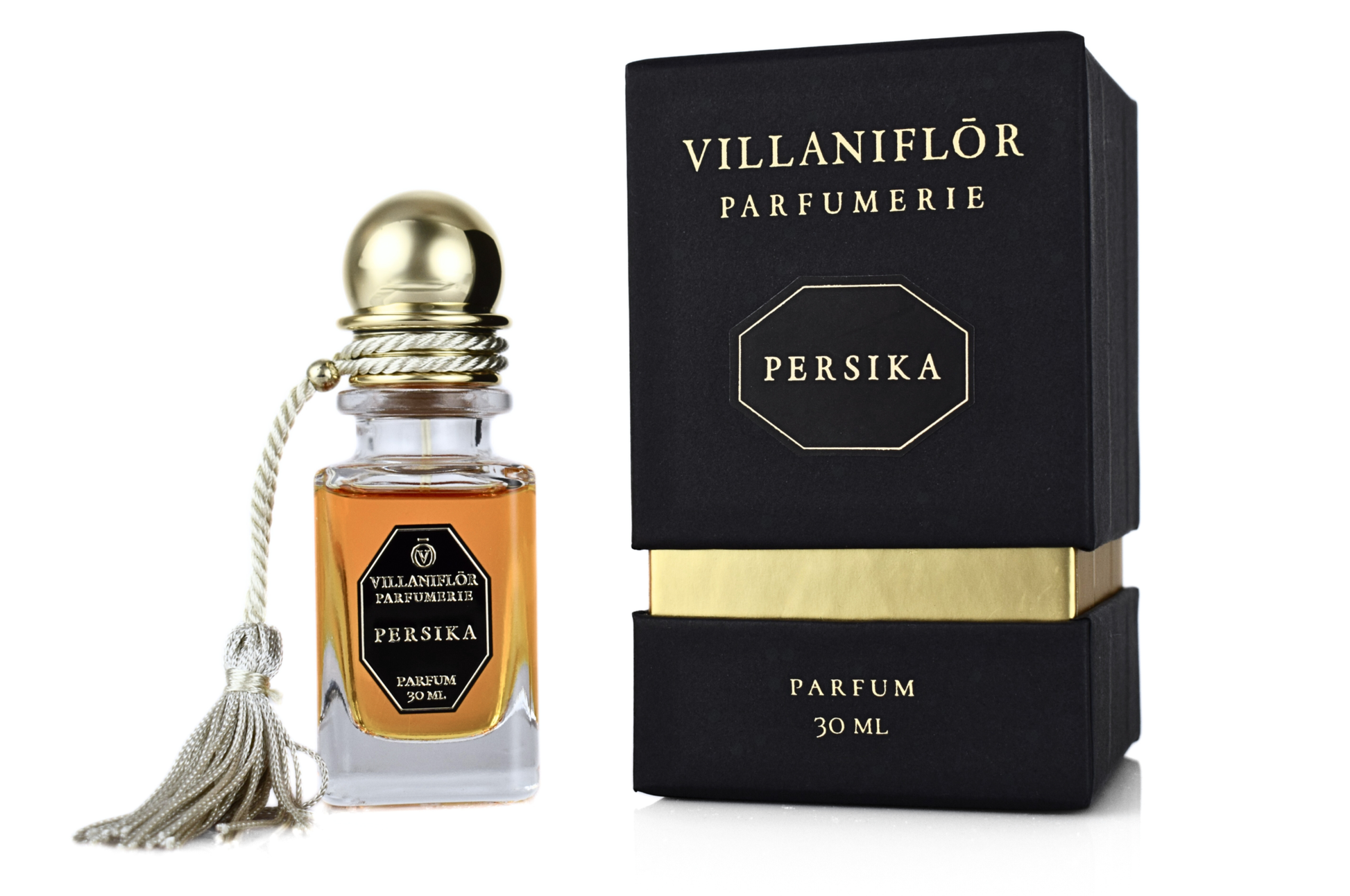 Persika parfum 30ml bottle with peach, floral, and amber fragrance notes in elegant packaging