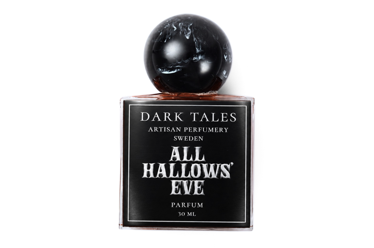 ALL HALLOWS' EVE parfum bottle with black label, clear glass, and glossy black spherical resin cap