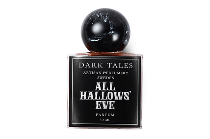 ALL HALLOWS' EVE parfum bottle with black label, clear glass, and glossy black spherical resin cap
