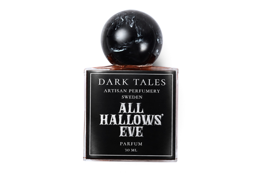 ALL HALLOWS' EVE parfum bottle with black label, clear glass, and glossy black spherical resin cap