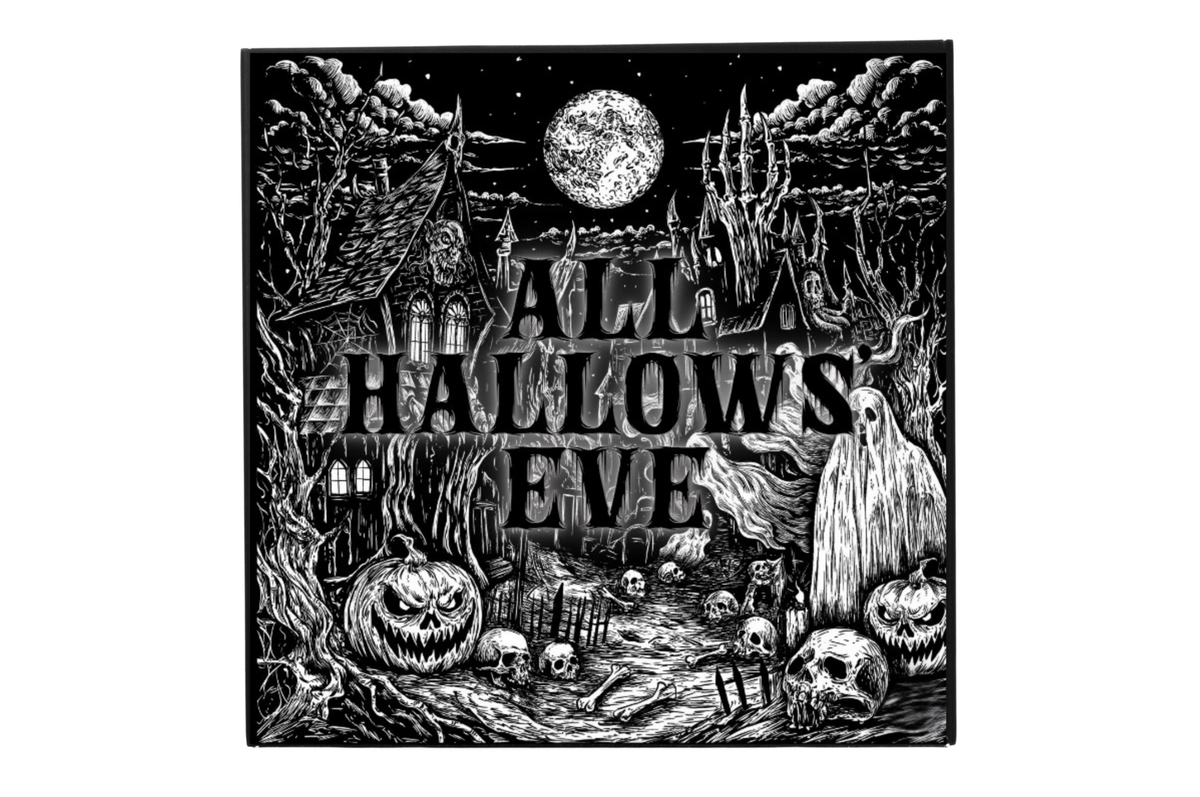 ALL HALLOWS' EVE black and white gothic illustration with haunted houses, pumpkins, ghost, skulls, and full moon