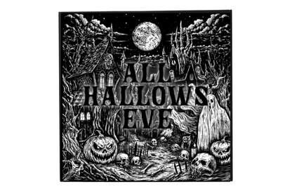 ALL HALLOWS' EVE black and white gothic illustration with haunted houses, pumpkins, ghost, skulls, and full moon