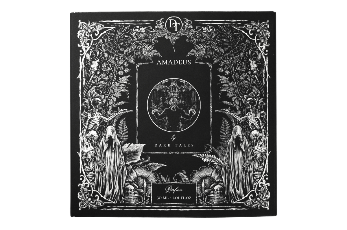 Amadeus parfum gift box in black with ornate white gothic floral, skeleton, and ghost illustrations