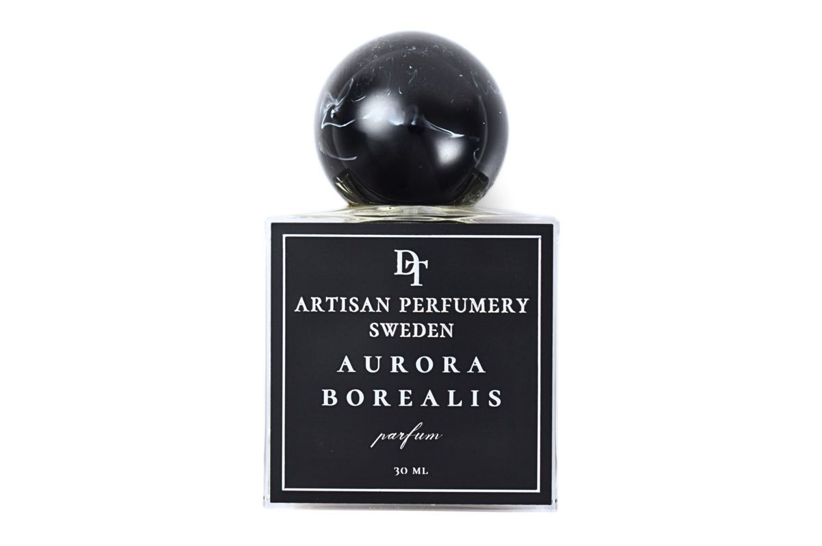Aurora Borealis 30 ml parfum in a square clear bottle with black label and glossy black round cap
