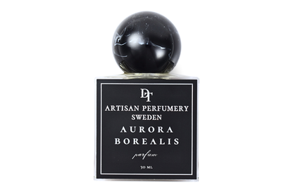 Aurora Borealis 30 ml parfum in a square clear bottle with black label and glossy black round cap