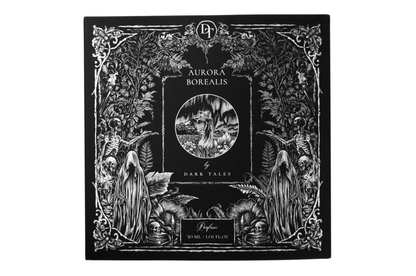 Aurora Borealis parfum box with black and white gothic floral artwork, skeletons, and 30 ml label
