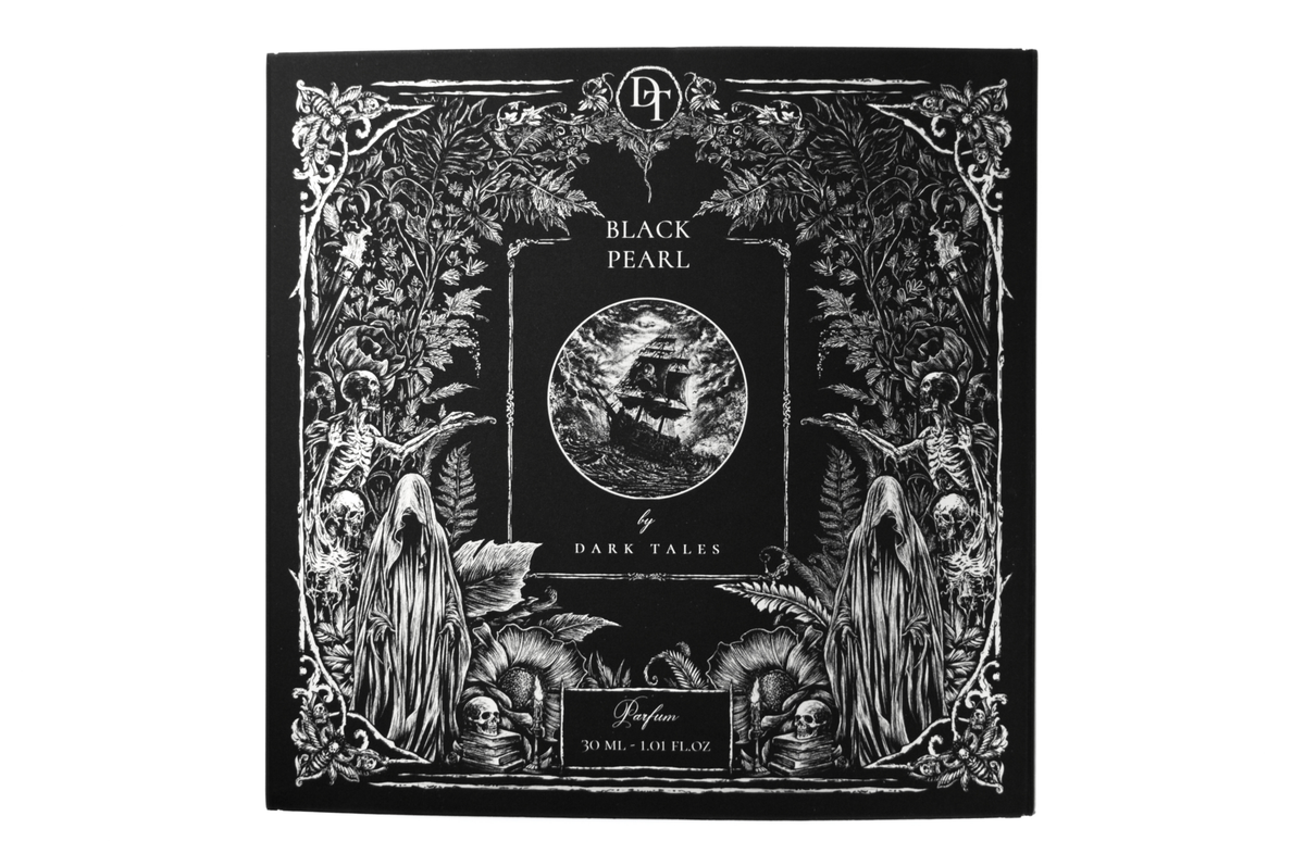 Black Pearl parfum box in black and white with ornate gothic botanical artwork, skeletons, and sailing ship illustration