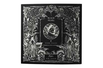 Black Pearl parfum box in black and white with ornate gothic botanical artwork, skeletons, and sailing ship illustration