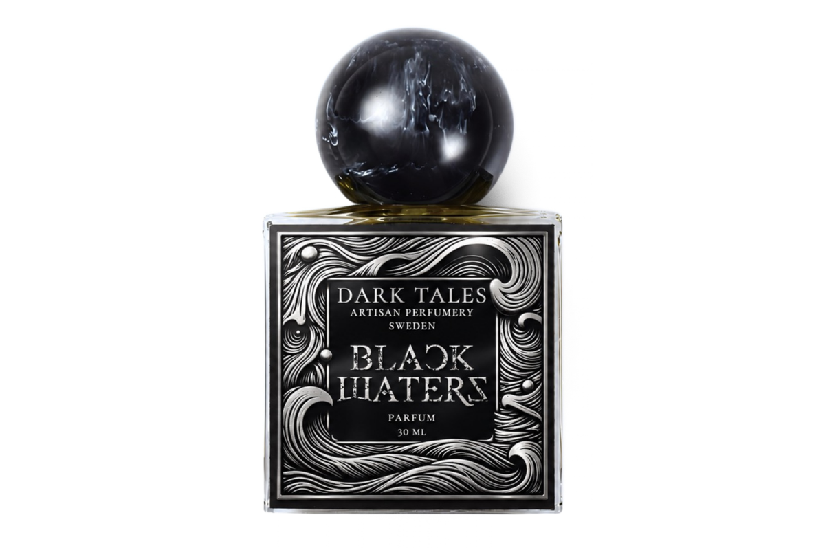 BLACK WATERS | PARFUM in a square glass bottle with black liquid, ornate monochrome label, and marbled black sphere cap