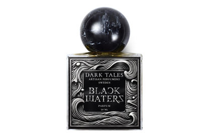 BLACK WATERS | PARFUM in a square glass bottle with black liquid, ornate monochrome label, and marbled black sphere cap