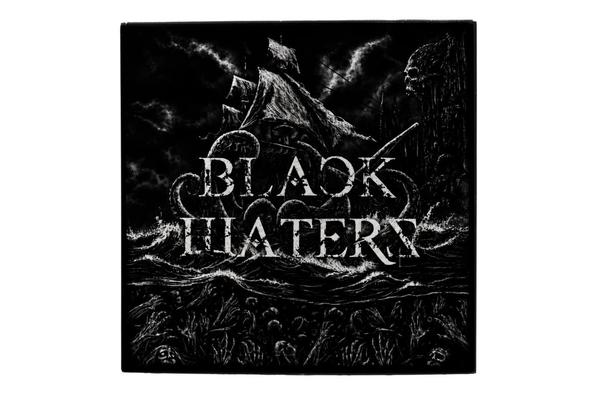 BLACK WATERS | PARFUM artwork featuring a monochrome sailing ship, rough waves, and dark sea creatures