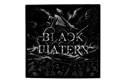 BLACK WATERS | PARFUM artwork featuring a monochrome sailing ship, rough waves, and dark sea creatures