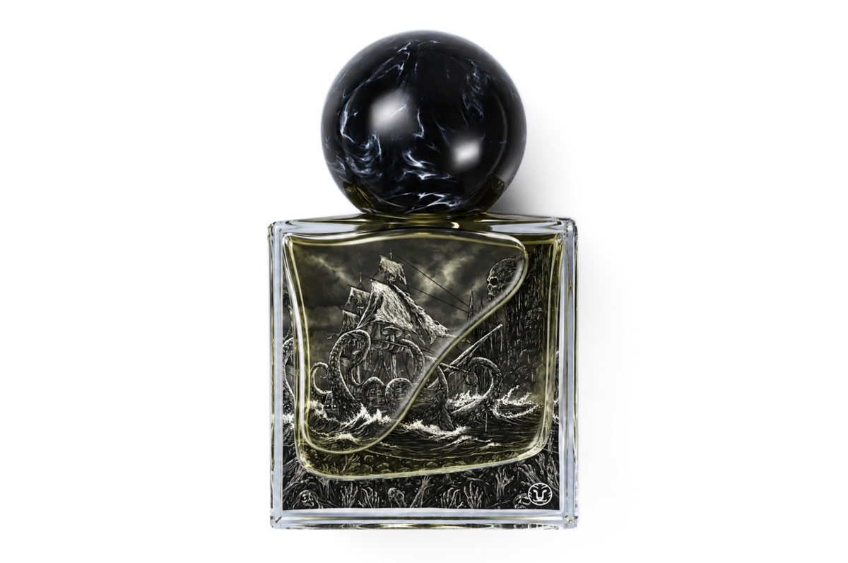 BLACK WATERS | PARFUM in a clear square glass bottle with dark liquid, black marbled round cap, and nautical artwork
