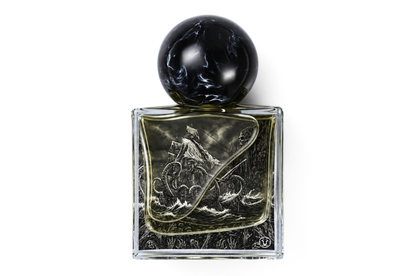 BLACK WATERS | PARFUM in a clear square glass bottle with dark liquid, black marbled round cap, and nautical artwork