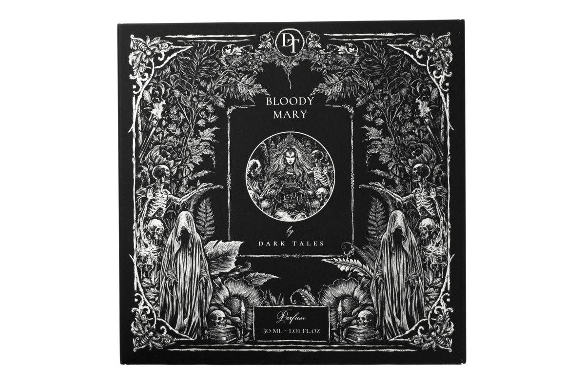BLOODY MARY parfum box in black and white with ornate gothic botanical artwork and 30 ml label