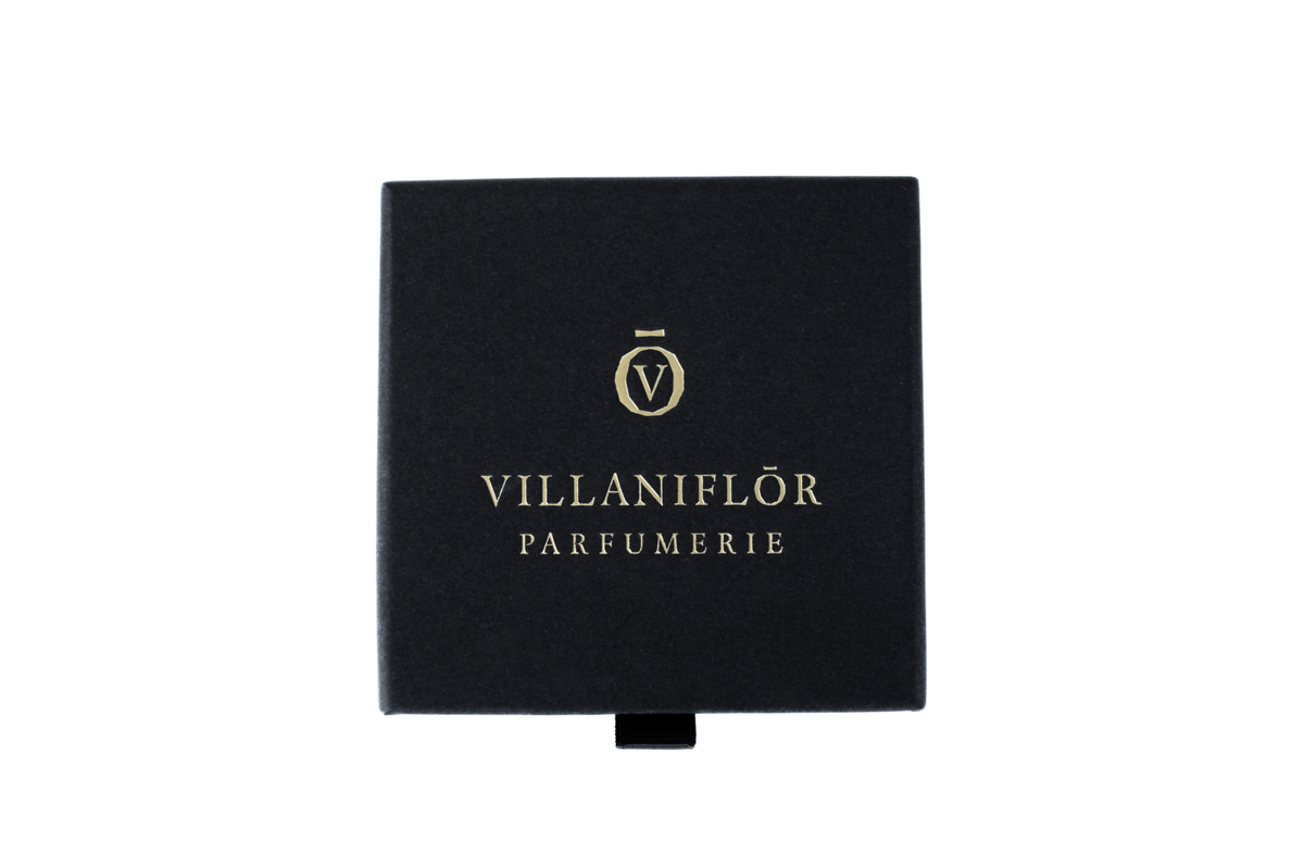 Discovery Set perfume sample box in black with gold VILLANIFLŌR Parfumerie logo and pull tab