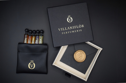 Discovery Set with five 1 ml parfum samples in black leather pouch and embossed VILLANIFLŌR presentation box