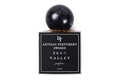Fern Valley black 30 ml parfum bottle with clear glass edges and glossy spherical cap