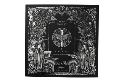 Fern Valley parfum box with black and white gothic forest artwork, ferns, skeletons, and moth illustration