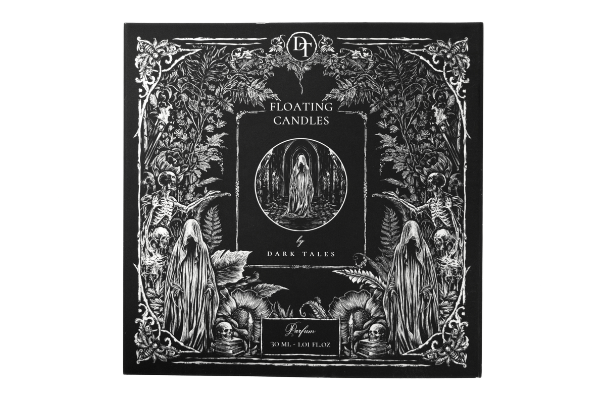 Floating Candles parfum box in black with white gothic forest, ghostly figures, skulls, and floral artwork