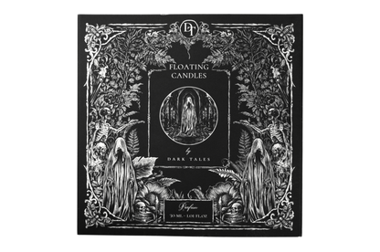 Floating Candles parfum box in black with white gothic forest, ghostly figures, skulls, and floral artwork