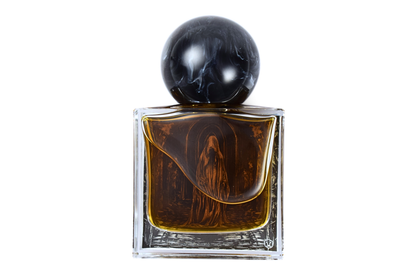 Floating Candles parfum in a clear glass bottle with dark amber liquid and a black marbled spherical resin cap