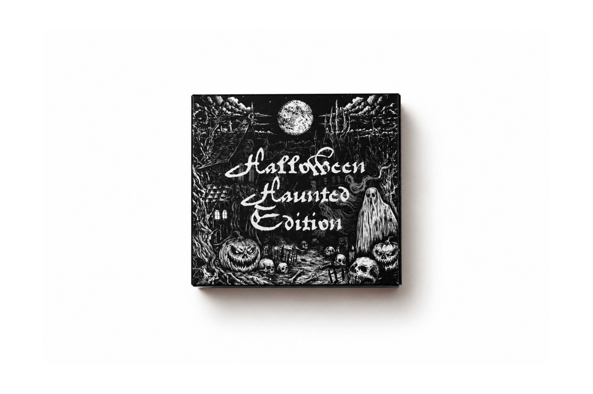 HALLOWEEN HAUNTED EDITION perfume sample box in black and white with detailed haunted Halloween artwork