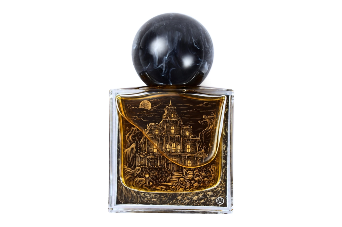 Haunted Mansion parfum in a clear square glass bottle with amber liquid, ornate haunted house illustration, and black marbled sphere cap