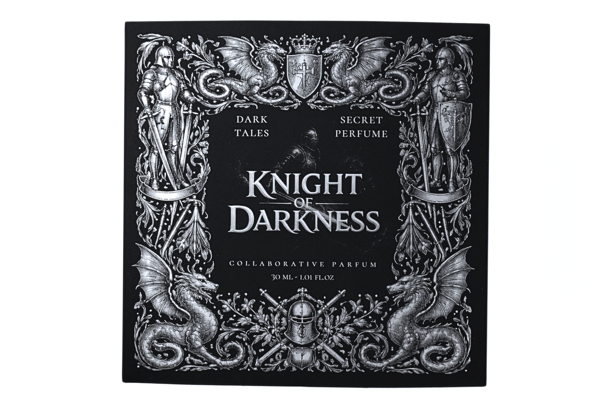 Knight of Darkness parfum box with black design, silver medieval knights, dragons, shield emblems, and ornate gothic artwork