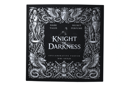 Knight of Darkness parfum box with black design, silver medieval knights, dragons, shield emblems, and ornate gothic artwork