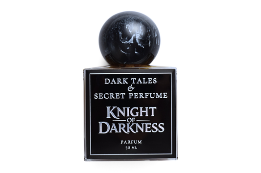 Knight of Darkness black glass parfum bottle with dark marbled spherical cap and bold white label, 30 ml