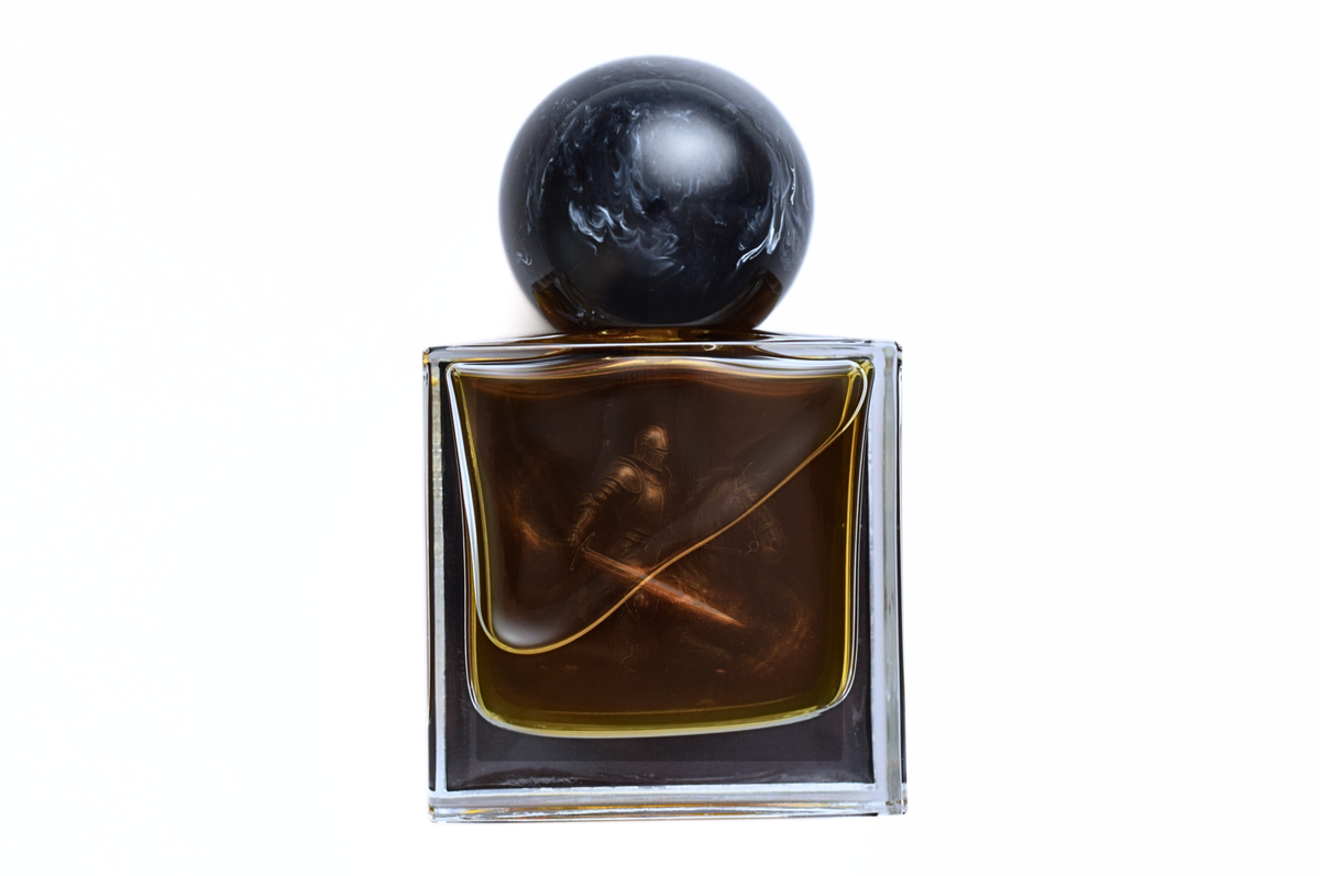 Knight of Darkness parfum in a clear square glass bottle with dark amber liquid and black marbled spherical cap