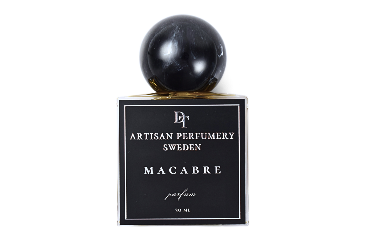 MACABRE 30 ml parfum in a square clear glass bottle with black label and glossy black spherical cap