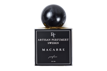 MACABRE 30 ml parfum in a square clear glass bottle with black label and glossy black spherical cap